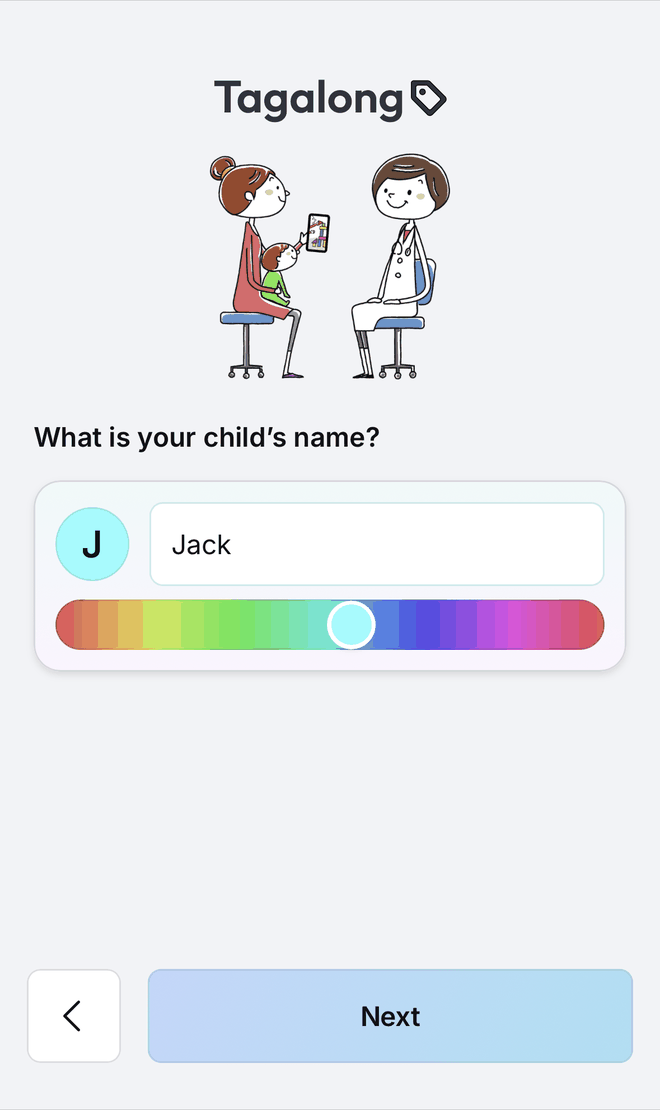 The step that asks for the child&rsquo;s name, with a colour slider under it